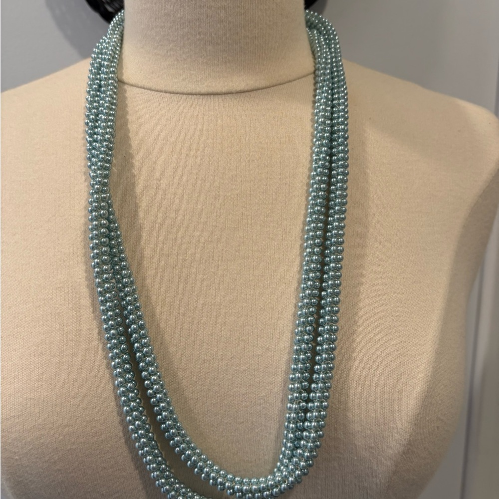VTG Aqua Faux Pearl Seed Beaded Rope Necklace